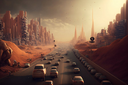Life on a mars, metropolis city, traffic. Generative AI. high quality illustration