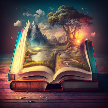 Opened old magic fantasy fairytale book with colorful landscape growing out of books pages....