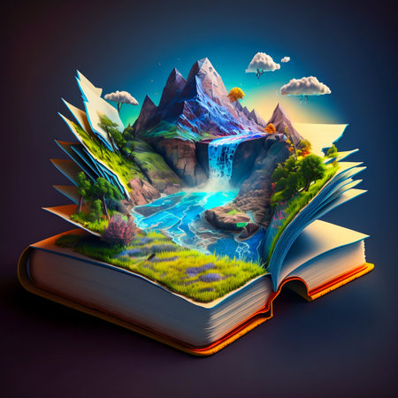 Opened old magic fantasy fairytale book with colorful landscape growing out of books pages. Generative AI. high quality illustrationの写真素材