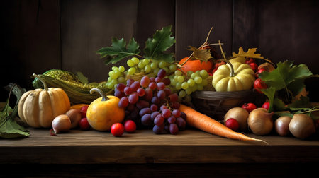 Autumn seasonal fruits and vegetables set. Generative AI. high quality illustrationの素材