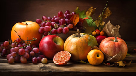Autumn seasonal fruits and vegetables set. Generative AI. high quality illustrationの素材
