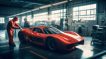 Factory construction engineering works of a modern red sport car in a big workshop. Generative AI. high quality illustrationの写真素材
