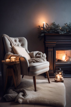 Comfortable armchair with warm lighting, crackling fireplace and blanket nearby. Winter indoor scene interior. Generative AI. high quality illustrationの素材