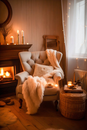 Comfortable armchair with warm lighting, crackling fireplace and blanket nearby. Winter indoor scene interior. Generative AI. high quality illustrationの素材