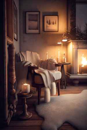 Comfortable armchair with warm lighting, crackling fireplace and blanket nearby. Winter indoor scene interior. Generative AI. high quality illustrationの素材