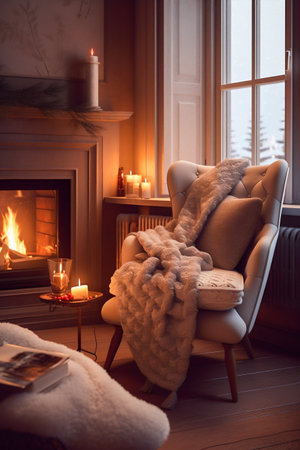 Comfortable armchair with warm lighting, crackling fireplace and blanket nearby. Winter indoor scene interior. Generative AI. high quality illustrationの素材