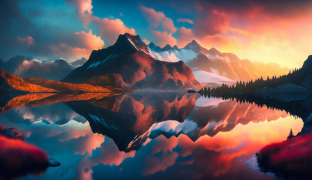 Serene mountain landscape background in sunrise. Generative AI. high quality illustrationの写真素材