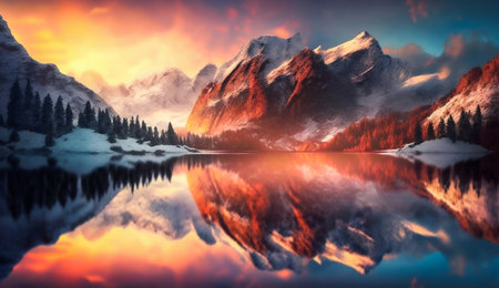 Serene mountain landscape background in sunrise. Generative AI. high quality illustrationの写真素材