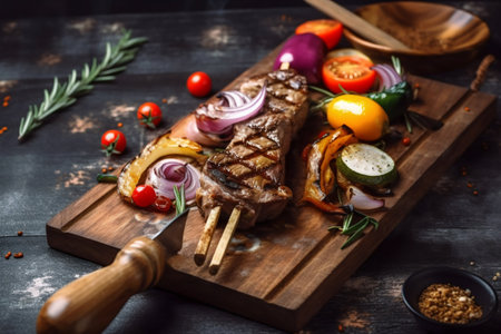 Cooked shish kebab on a skewer and grilled baked vegetables in on an wood board. Generative AI. high quality illustrationの写真素材