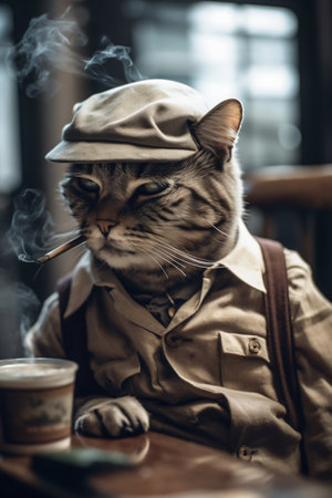 Cat in suit clothes smoking a cigarette. Generative AI. high quality illustrationの写真素材