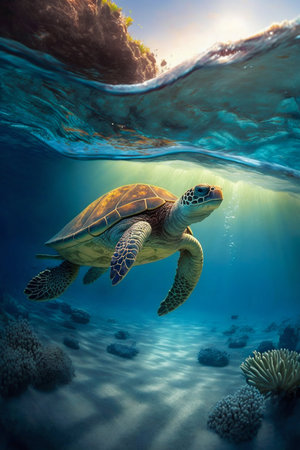 Turtle in the ocean. Generative AI. high quality illustrationの素材
