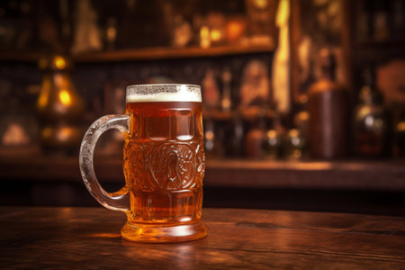 Amber beer ale in glass mug in tavern pub. Generative AI. high quality illustrationの素材