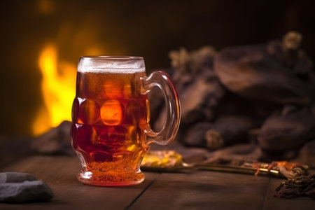 Amber beer ale in glass mug in tavern pub. Generative AI. high quality illustrationの素材
