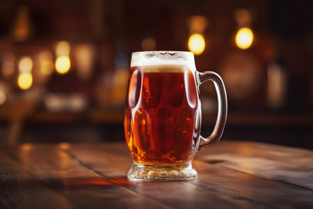 Amber beer ale in glass mug in tavern pub. Generative AI. high quality illustrationの素材