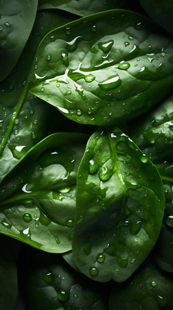 Spinach seamless background with water drops, top view, flat lay. Generative AI. high quality illustrationの素材