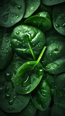 Spinach seamless background with water drops, top view, flat lay. Generative AI. high quality illustrationの素材