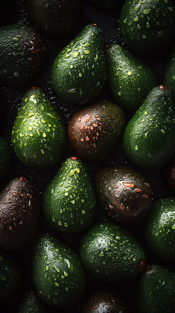 Avocado seamless background with water drops, top view, flat lay. Generative AI. high quality illustrationの素材