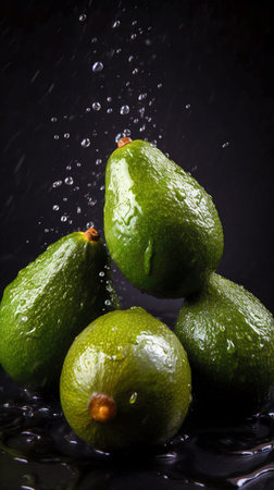 Avocado seamless background with water drops, top view, flat lay. Generative AI. high quality illustrationの素材