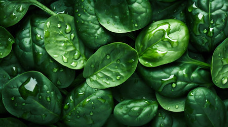 Spinach seamless background with water drops, top view, flat lay. Generative AI. high quality illustrationの素材