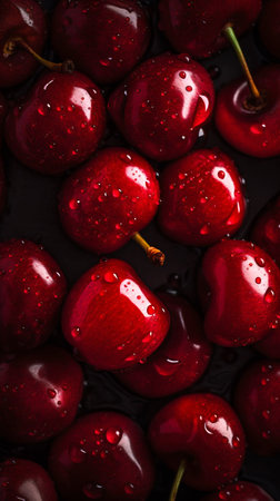 Cherry seamless background with water drops, top view, flat lay. Generative AI. high quality illustrationの素材