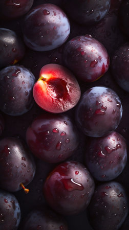Plum seamless background with water drops, top view, flat lay. Generative AI. high quality illustrationの素材