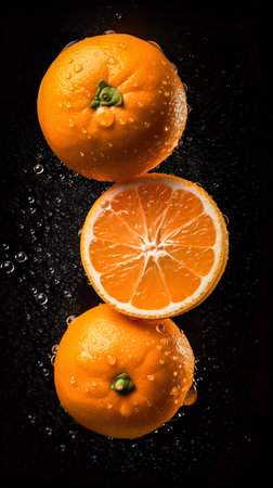 Orange fruit seamless background with water drops, top view, flat lay. Generative AI. high quality illustrationの素材