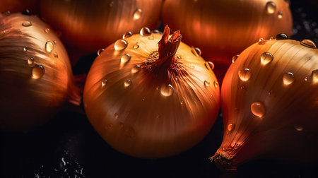 Onion seamless background with water drops, top view, flat lay. Generative AI. high quality illustrationの素材