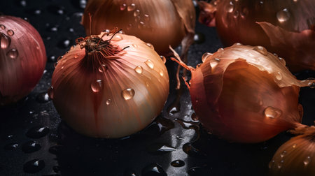 Onion seamless background with water drops, top view, flat lay. Generative AI. high quality illustrationの素材