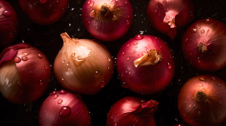 Onion seamless background with water drops, top view, flat lay. Generative AI. high quality illustrationの素材