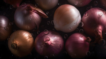 Onion seamless background with water drops, top view, flat lay. Generative AI. high quality illustrationの素材