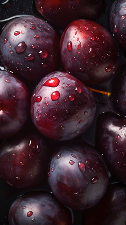 Plum seamless background with water drops, top view, flat lay. Generative AI. high quality illustrationの素材