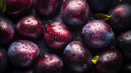 Plum seamless background with water drops, top view, flat lay. Generative AI. high quality illustrationの素材