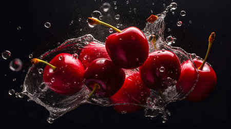 Cherry seamless background with water drops, top view, flat lay. Generative AI. high quality illustrationの素材