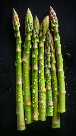 Asparagus seamless background with water drops, top view, flat lay. Generative AI. high quality illustrationの素材