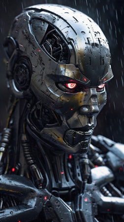 Robot portrait in the rain. Generative AI. high quality illustrationの素材