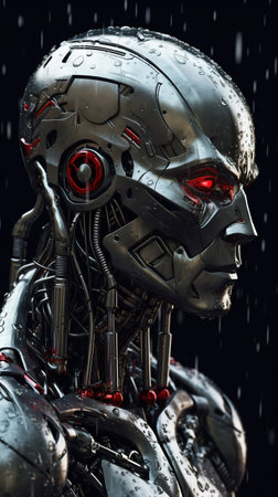 Robot portrait in the rain. Generative AI. high quality illustrationの素材