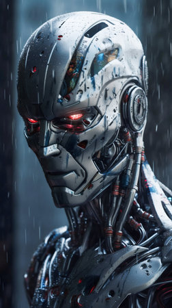 Robot portrait in the rain. Generative AI. high quality illustrationの素材