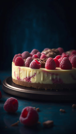 Cheesecake with white chocolate and raspberries. Generative AI. high quality illustrationの素材