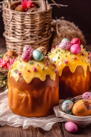 Easter bread kulich with eggs, icing and sprinkles. Generative AI. high quality illustrationの素材