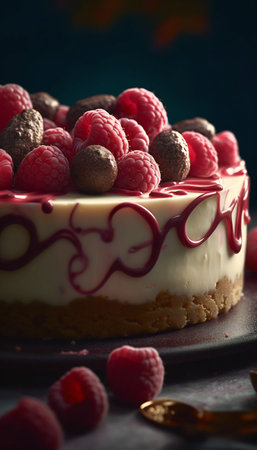 Cheesecake with white chocolate and raspberries. Generative AI. high quality illustrationの素材