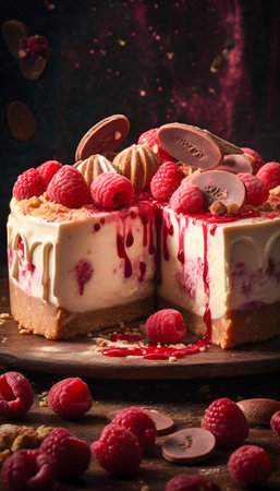 Cheesecake with white chocolate and raspberries. Generative AI. high quality illustrationの素材