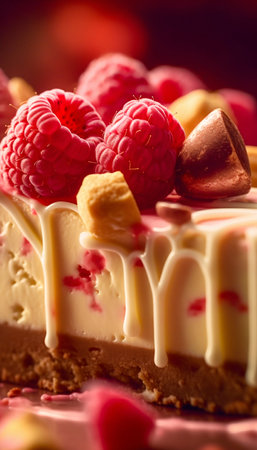 Cheesecake with white chocolate and raspberries. Generative AI. high quality illustrationの素材