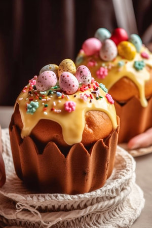 Easter bread kulich with eggs, icing and sprinkles. Generative AI. high quality illustrationの素材