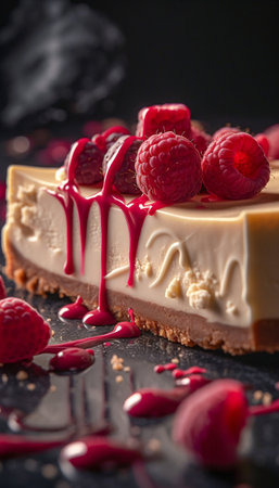 Cheesecake with white chocolate and raspberries. Generative AI. high quality illustrationの素材