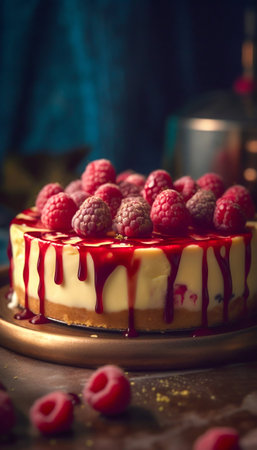 Cheesecake with white chocolate and raspberries. Generative AI. high quality illustrationの素材