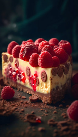Cheesecake with white chocolate and raspberries. Generative AI. high quality illustrationの素材
