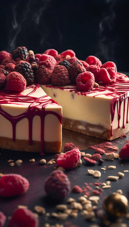 Cheesecake with white chocolate and raspberries. Generative AI. high quality illustrationの素材