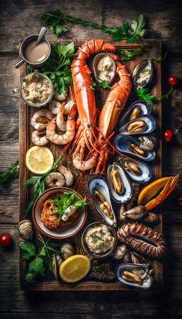 Variety assorted of Greek seafood. Generative AI. high quality illustrationの素材