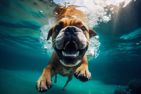 Funny dog swimming underwater. Generative AI. high quality illustrationの素材