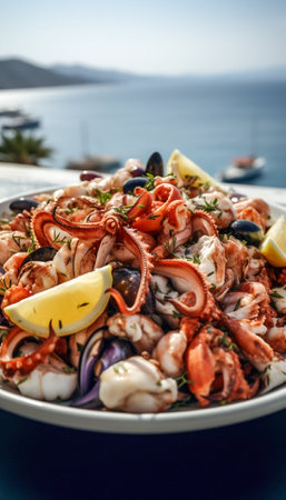 Variety assorted of Greek seafood. Generative AI. high quality illustrationの素材